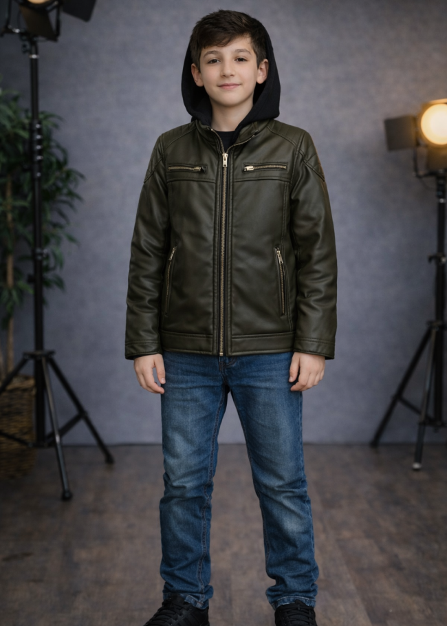 5127 جاكيت جلد صبياني  - زيتي