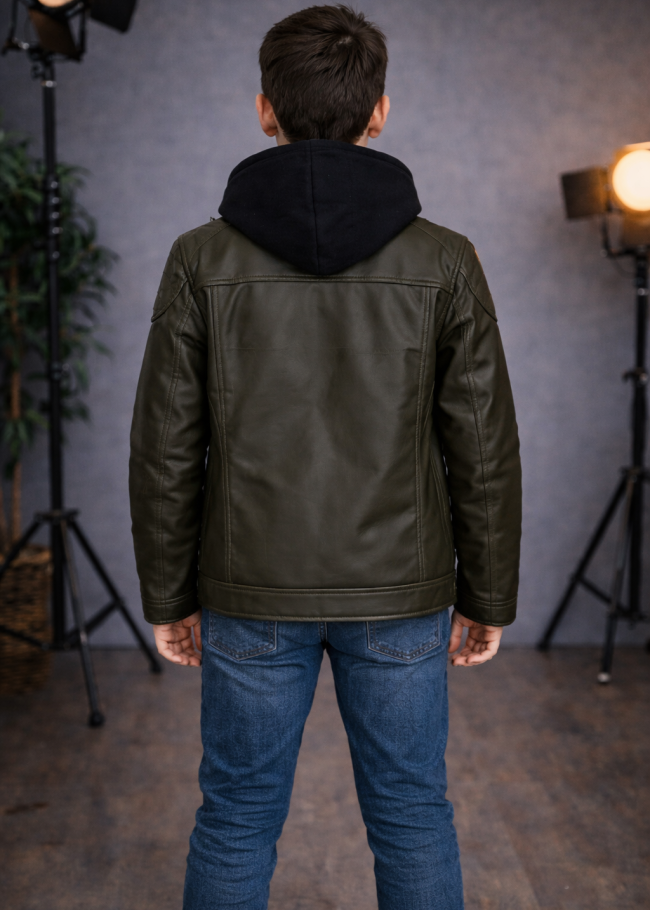 5127 جاكيت جلد صبياني  - زيتي