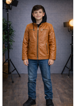 جاكيت صبياني جلد مبطن فرو 5127  - عسلي