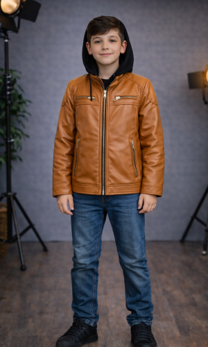 Jungen Lederjacke mit Fellfutter 5127  - Cognac