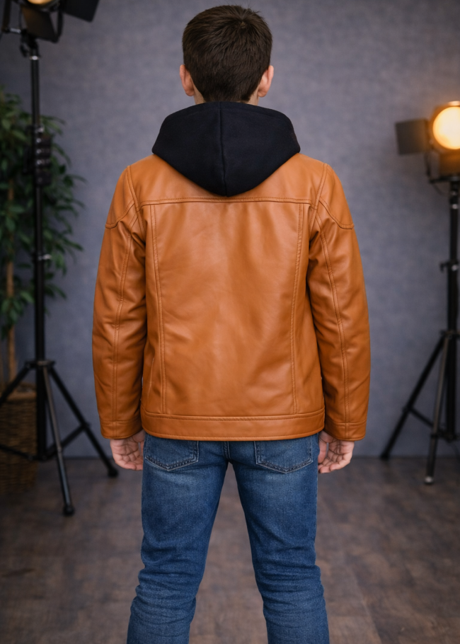 5127 جاكيت جلد صبياني  - عسلي