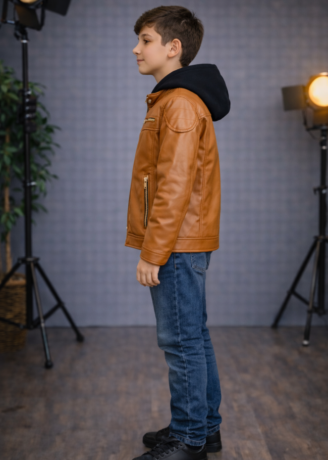 5127 جاكيت جلد صبياني  - عسلي