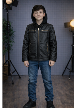 جاكيت صبياني جلد مبطن فرو 5127  - اسود