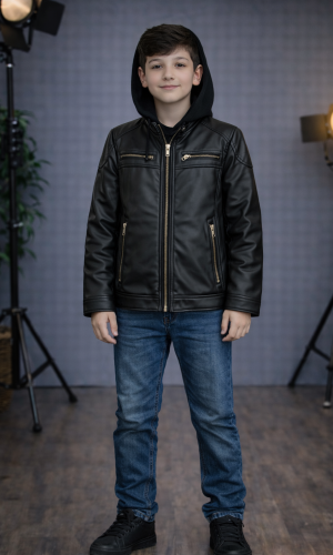 Boys' Leather Jacket with Fur Lining 5127  - black