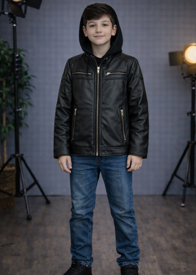 5127 جاكيت جلد صبياني  - اسود
