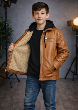 جاكيت صبياني جلد مبطن فرو 5127  - عسلي