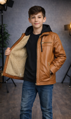 Jungen Lederjacke mit Fellfutter 5127  - Cognac