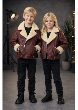 جاكيت جلد صبياني بناتي مبطن فرو 5128  - خمري