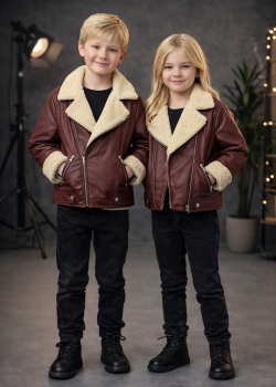 جاكيت جلد صبياني بناتي مبطن فرو 5128  - خمري