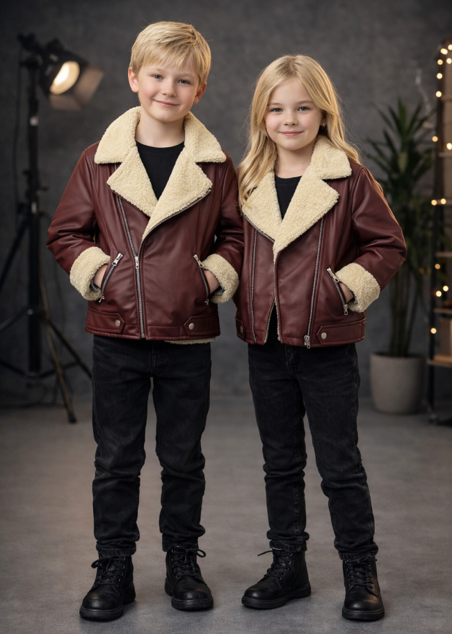 5128 جاكيت جلد ياقة فرو ولادي  - خمري