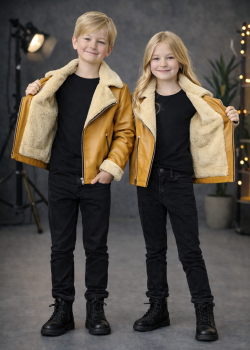 جاكيت جلد صبياني بناتي مبطن فرو 5128  - اصفر