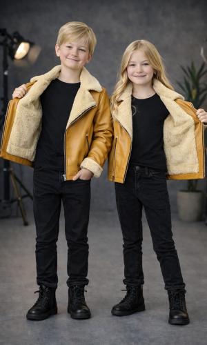 جاكيت جلد صبياني بناتي مبطن فرو 5128  - اصفر