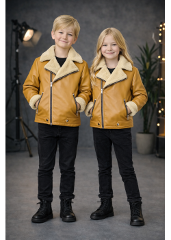 جاكيت جلد صبياني بناتي مبطن فرو 5128  - اصفر