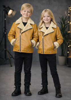 جاكيت جلد صبياني بناتي مبطن فرو 5128  - اصفر