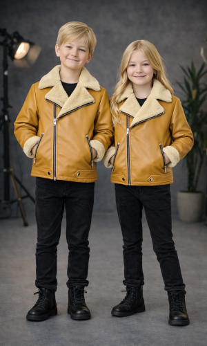 جاكيت جلد صبياني بناتي مبطن فرو 5128  - اصفر