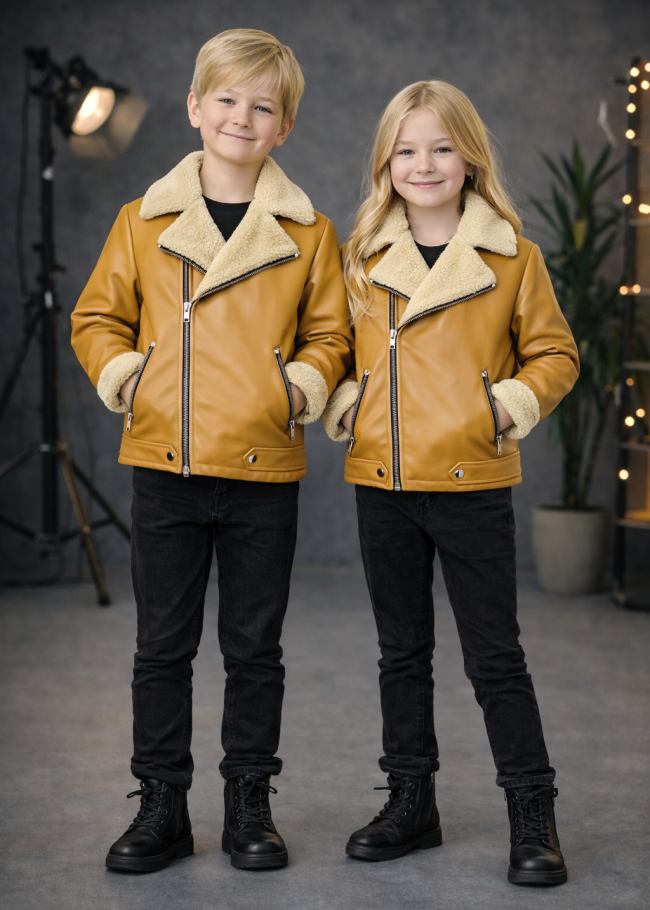 5128 جاكيت جلد ياقة فرو ولادي  - yellow