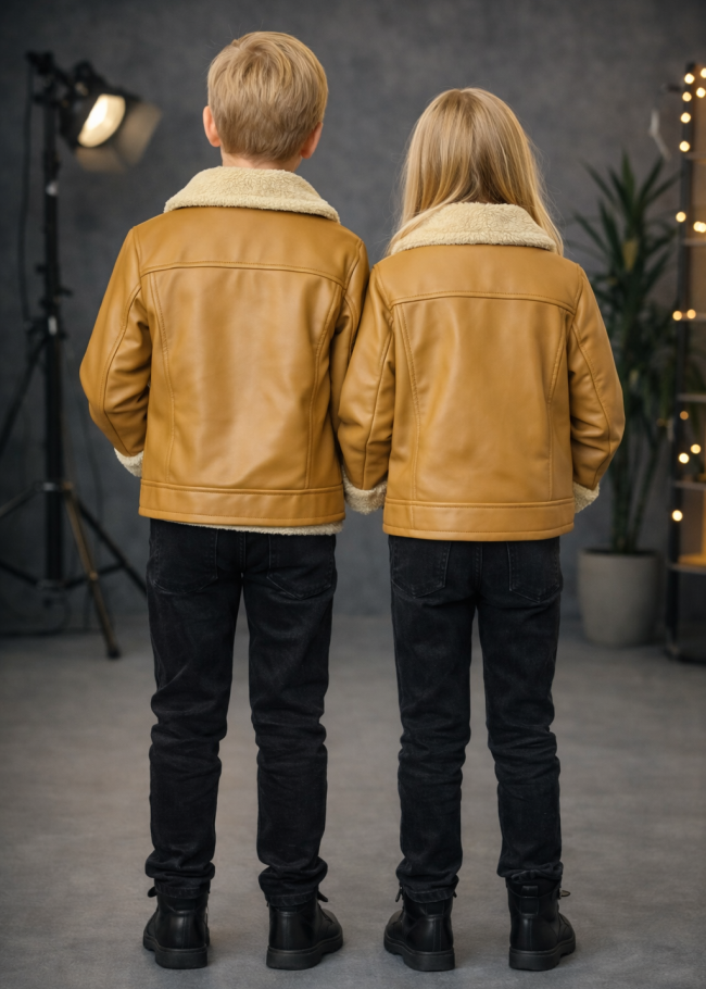 5128 جاكيت جلد ياقة فرو ولادي  - yellow