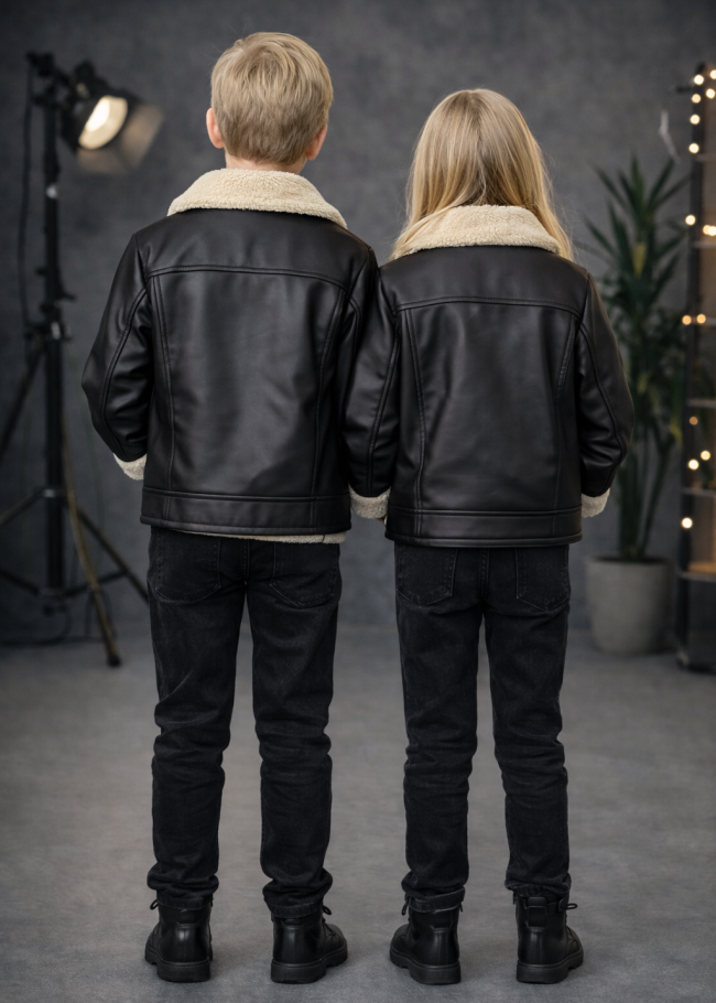 5128 جاكيت جلد ياقة فرو ولادي  - اسود