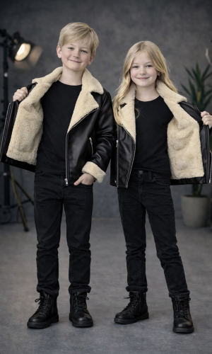 Kids' Unisex Fur-Lined Leather Jacket 5128  - black