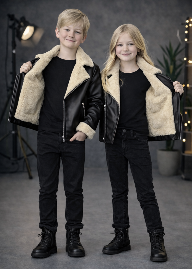 5128 جاكيت جلد ياقة فرو ولادي  - اسود