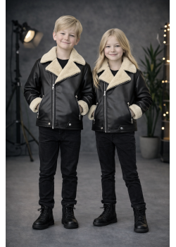 جاكيت جلد صبياني بناتي مبطن فرو 5128  - اسود