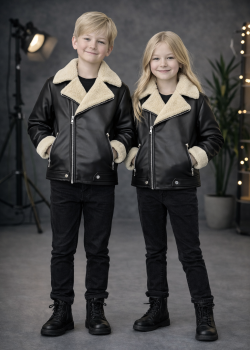 جاكيت جلد صبياني بناتي مبطن فرو 5128  - اسود