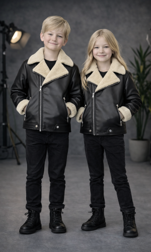 Kids' Unisex Fur-Lined Leather Jacket 5128  - black
