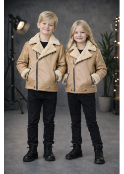 جاكيت جلد صبياني بناتي مبطن فرو 5128  - بيج