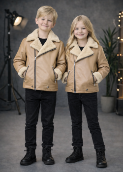 Unisex Kinder Lederjacke mit Fellfutter 5128  - Beige