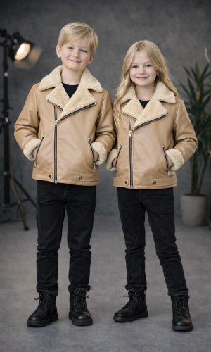 Kids' Unisex Fur-Lined Leather Jacket 5128  - beige