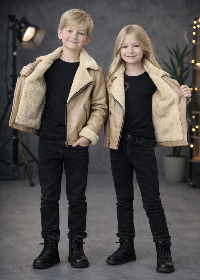 5128 جاكيت جلد ياقة فرو ولادي  - بيج