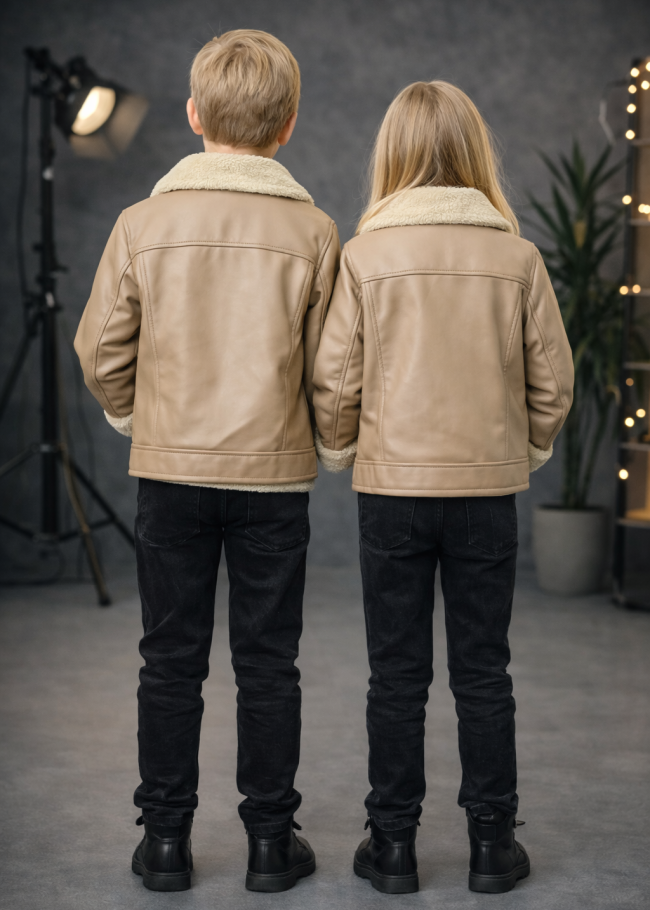 5128 جاكيت جلد ياقة فرو ولادي  - بيج