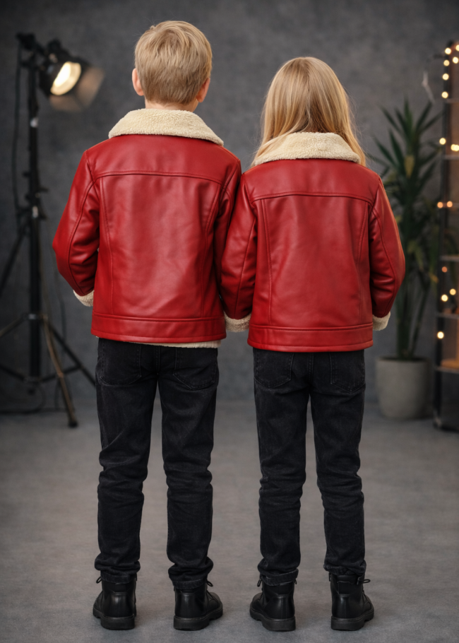 5128 جاكيت جلد ياقة فرو ولادي  - red