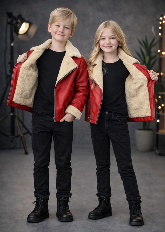 5128 جاكيت جلد ياقة فرو ولادي  - red