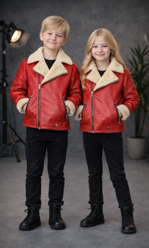 Unisex Kinder Lederjacke mit Fellfutter 5128  - Rot