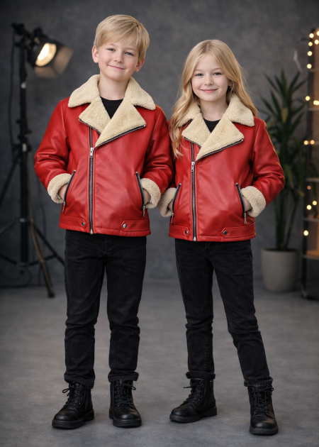 Kids' Unisex Fur-Lined Leather Jacket 5128 - red - Children's