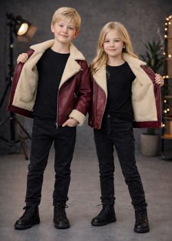 جاكيت جلد صبياني بناتي مبطن فرو 5128  - خمري