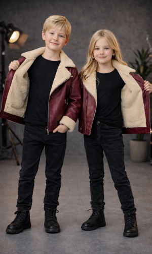 Kids' Unisex Fur-Lined Leather Jacket 5128  - burgundy