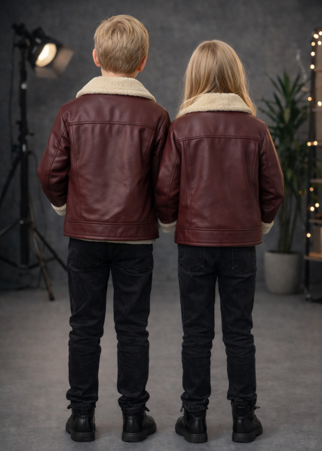 5128 جاكيت جلد ياقة فرو ولادي  - خمري