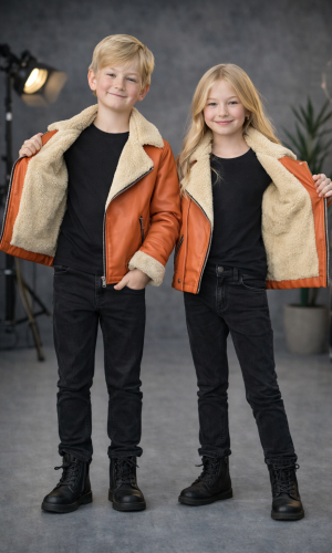 جاكيت جلد صبياني بناتي مبطن فرو 5128  - زهر