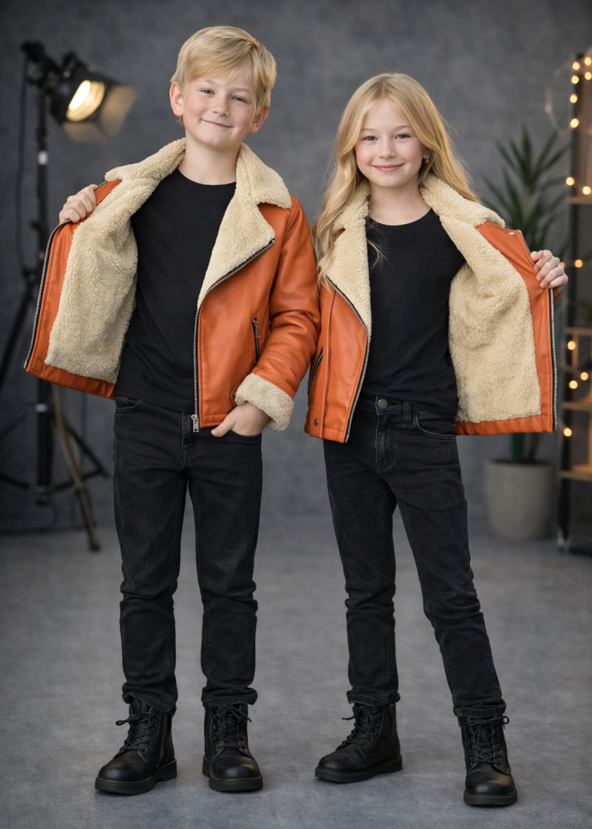 5128 جاكيت جلد ياقة فرو ولادي  - Rosa