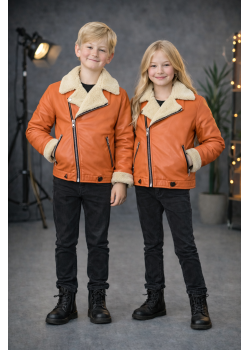 جاكيت جلد صبياني بناتي مبطن فرو 5128  - زهر