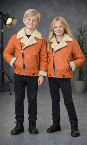 جاكيت جلد صبياني بناتي مبطن فرو 5128  - زهر