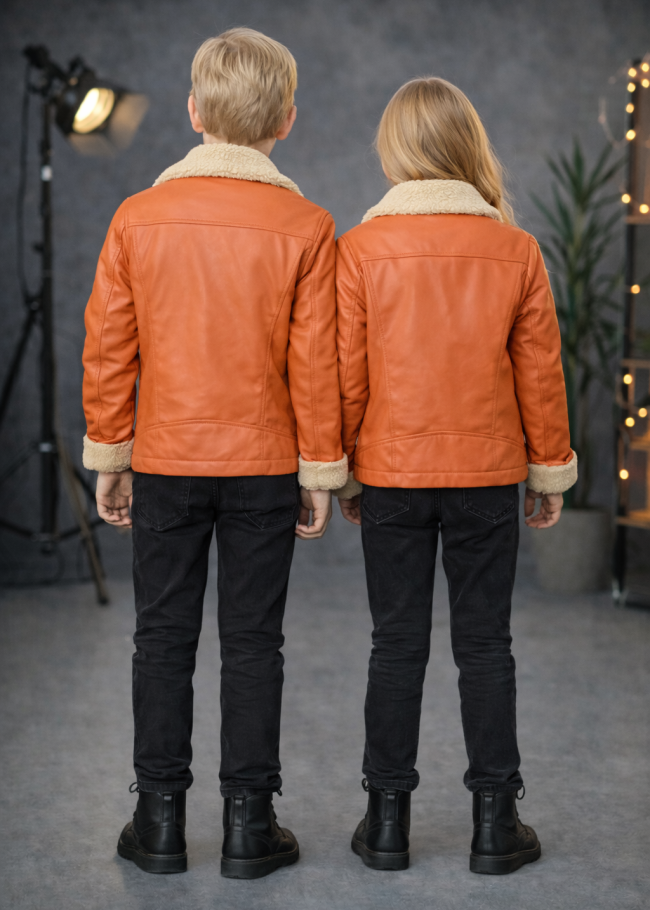 5128 جاكيت جلد ياقة فرو ولادي  - Rosa