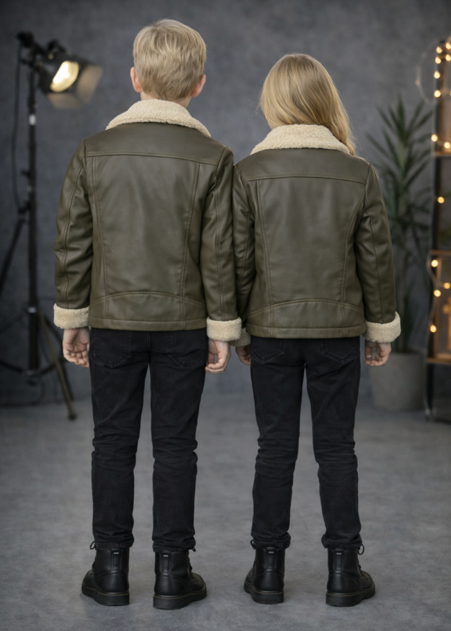 5128 جاكيت جلد ياقة فرو ولادي  - زيتي