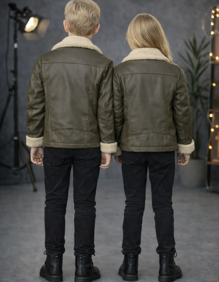 5128 جاكيت جلد ياقة فرو ولادي  - زيتي