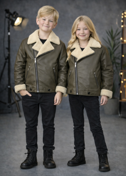 جاكيت جلد صبياني بناتي مبطن فرو 5128  - زيتي