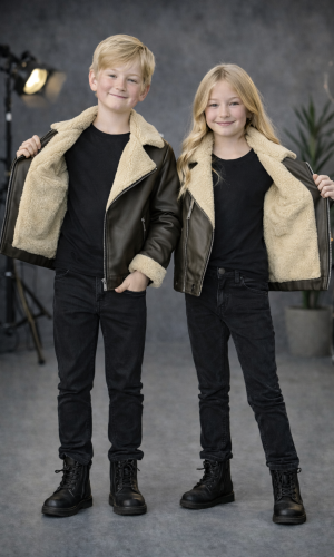 Kids' Unisex Fur-Lined Leather Jacket 5128  - khaki