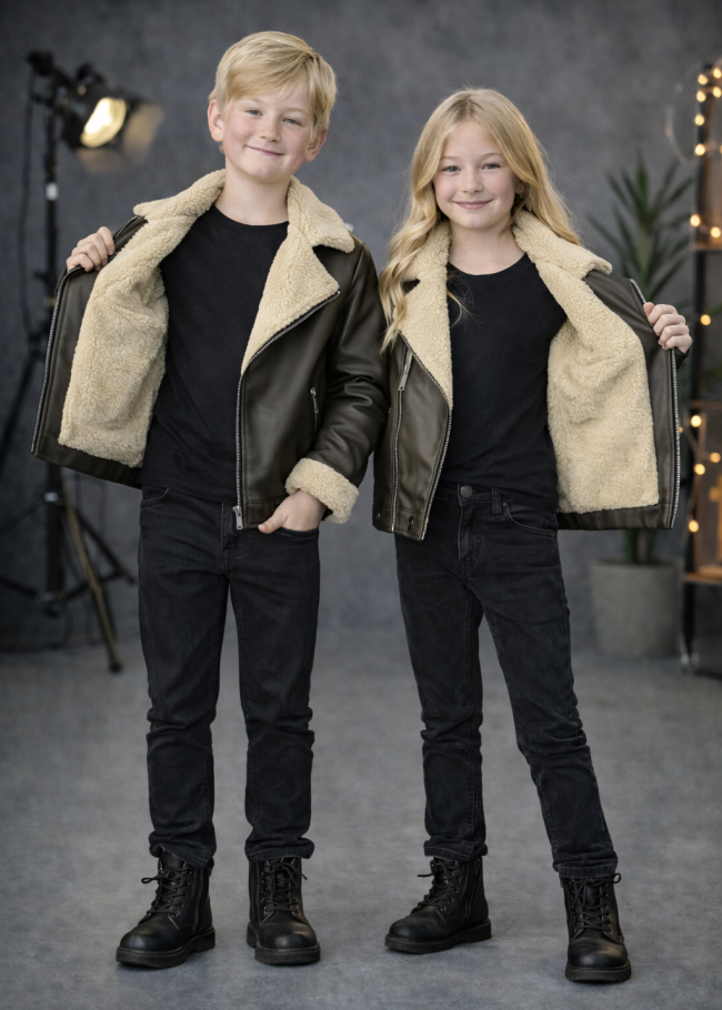 5128 جاكيت جلد ياقة فرو ولادي  - زيتي