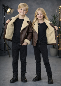 جاكيت جلد صبياني بناتي مبطن فرو 5128  - شوكو